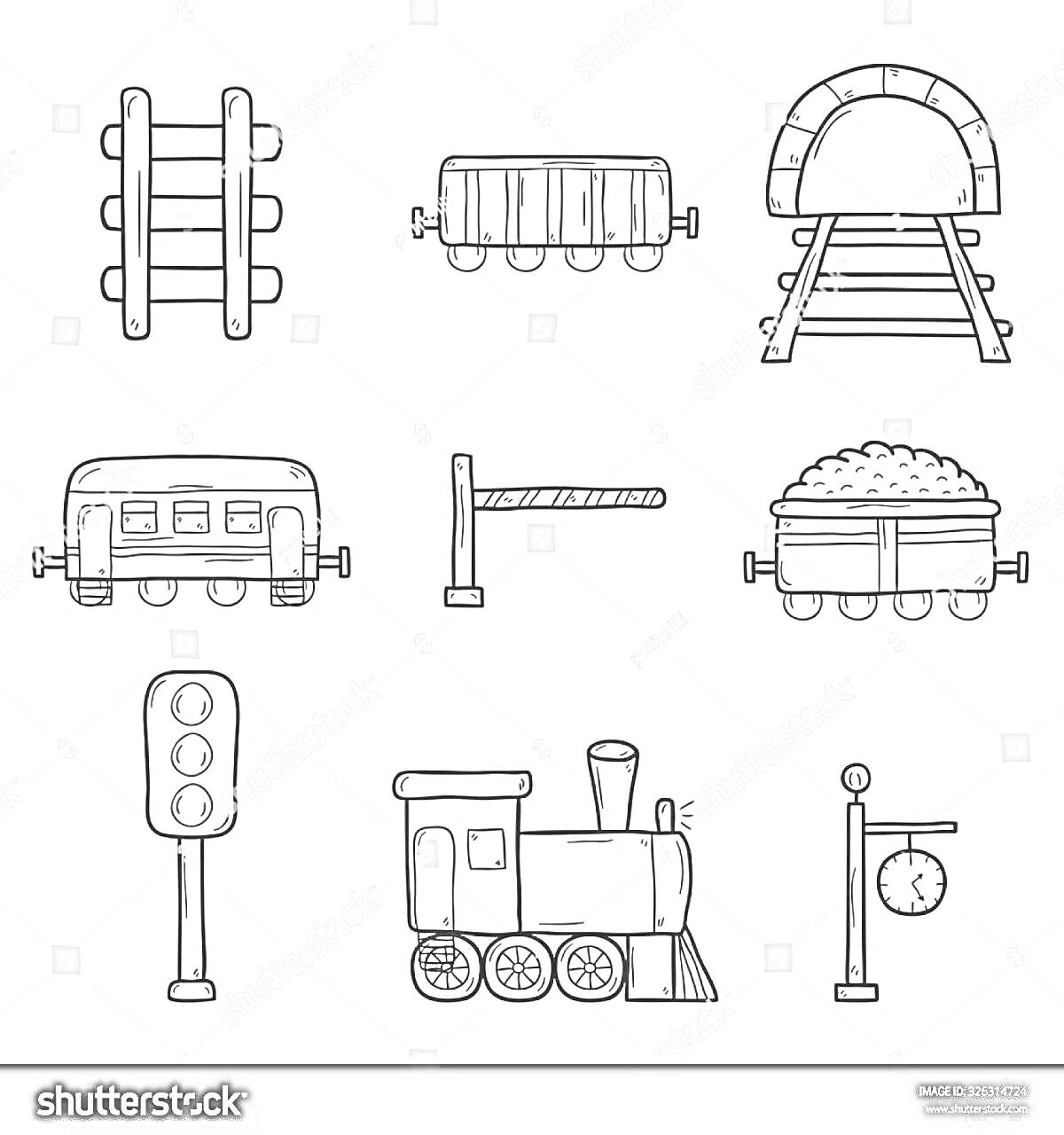 На раскраске изображено: Железная дорога, Рельсы, Тоннель, Пассажирский вагон, Шлагбаум, Светофор, Паровоз, Часы