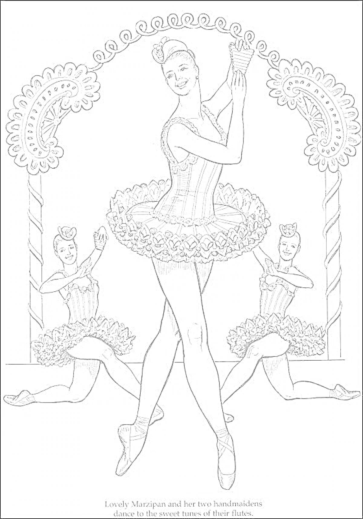 На раскраске изображено: Балет, Балерины, Щелкунчик, Арка, Танец, Искусство, Классический балет