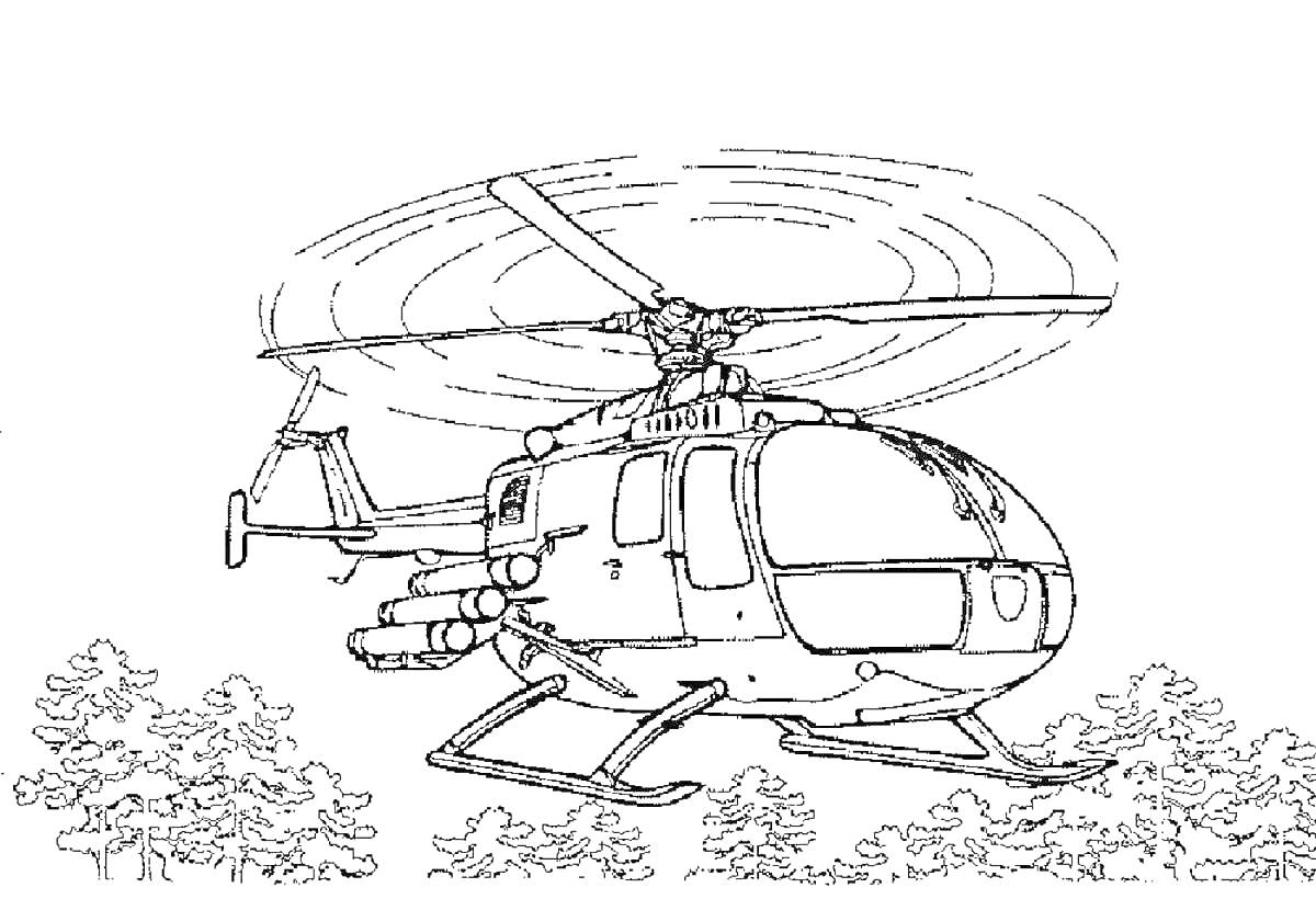 Раскраска Вертолет с ротором, оборудованием и деревьями на заднем плане