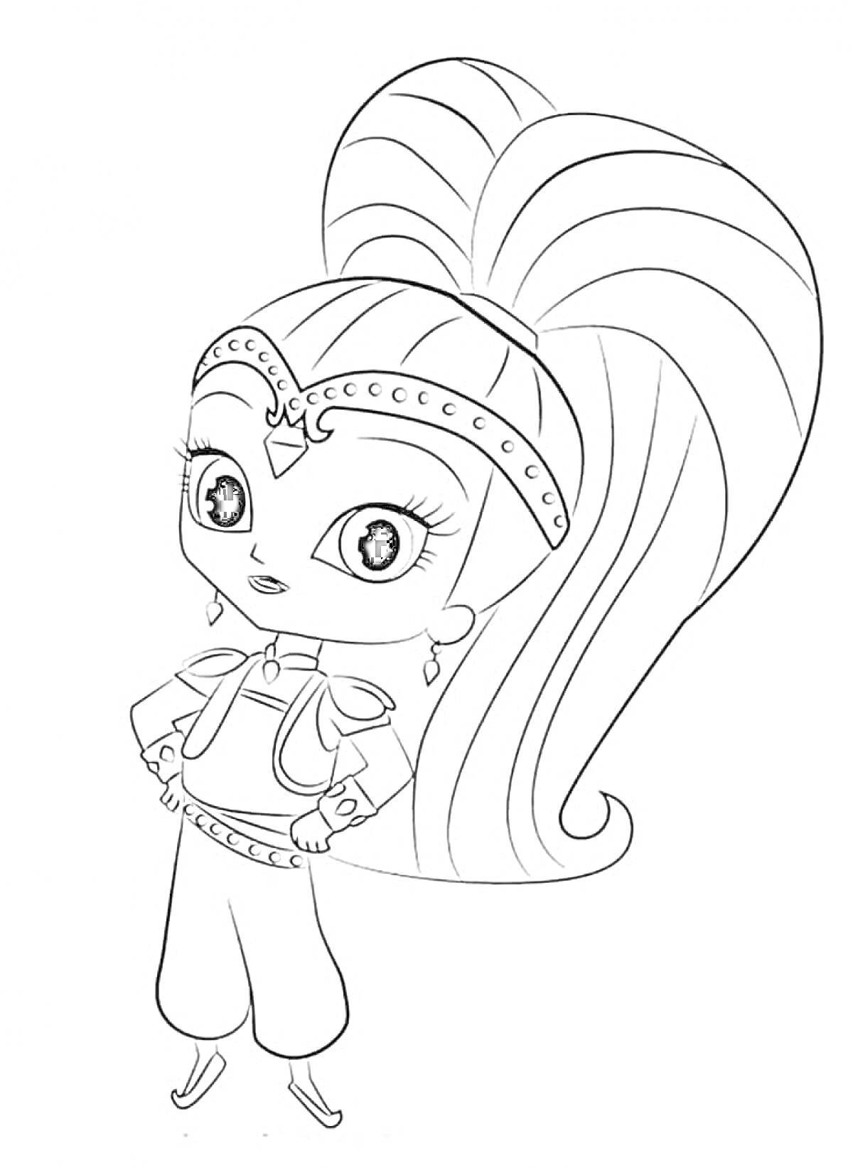 Девочка-джин с длинным хвостом на голове и браслетами на руках из мультфильма 