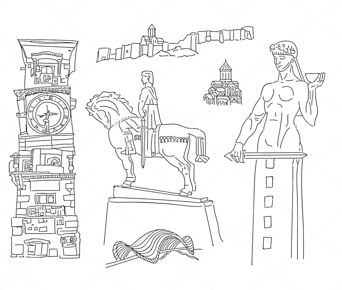 На раскраске изображено: Грузия, Архитектура, Достопримечательности, Здания, Памятники, Церковь, Крепость, Мост, Статуя
