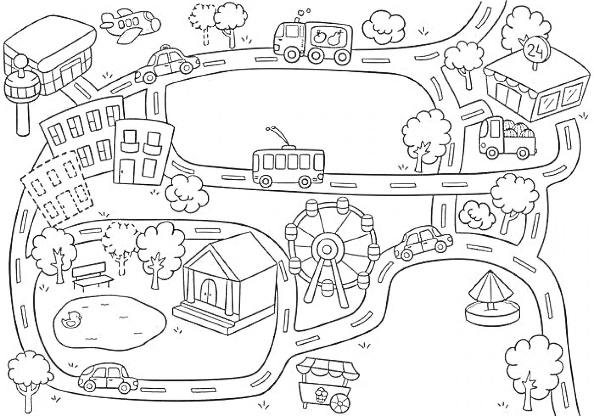 Раскраска Городской пейзаж с домами, деревьями, дорогами, автобусом, легковыми автомобилями, зданием 24, самолетом, колесом обозрения, киоском, автобусной остановкой, фонтаном и озером с лавочкой