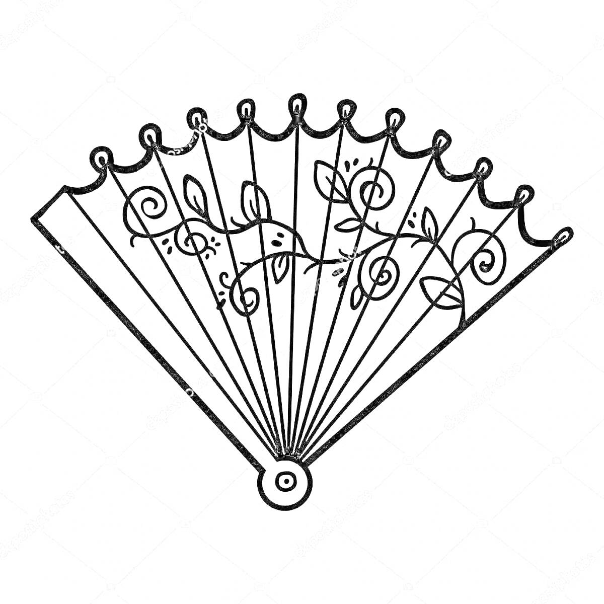 Раскраска Китайский веер с цветами и завитками