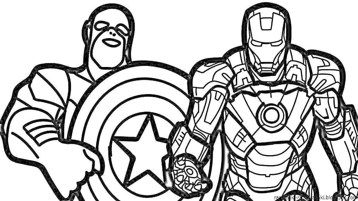 Раскраска Капитан Америка со щитом и Железный Человек в костюме