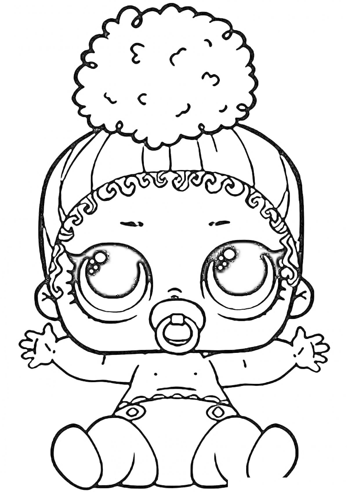 Раскраска Кукла ЛОЛ с большим бантом на голове и соской, сидящая в подгузнике