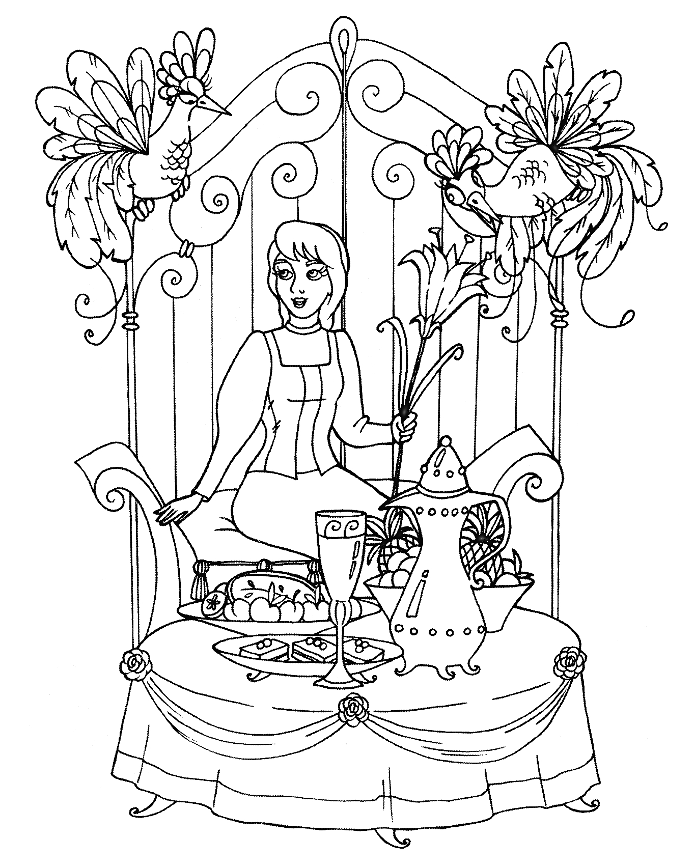 Раскраска Девушка с цветком у стола, сервированного посудой и едой, сидящая перед декоративной решеткой с птицами сверху