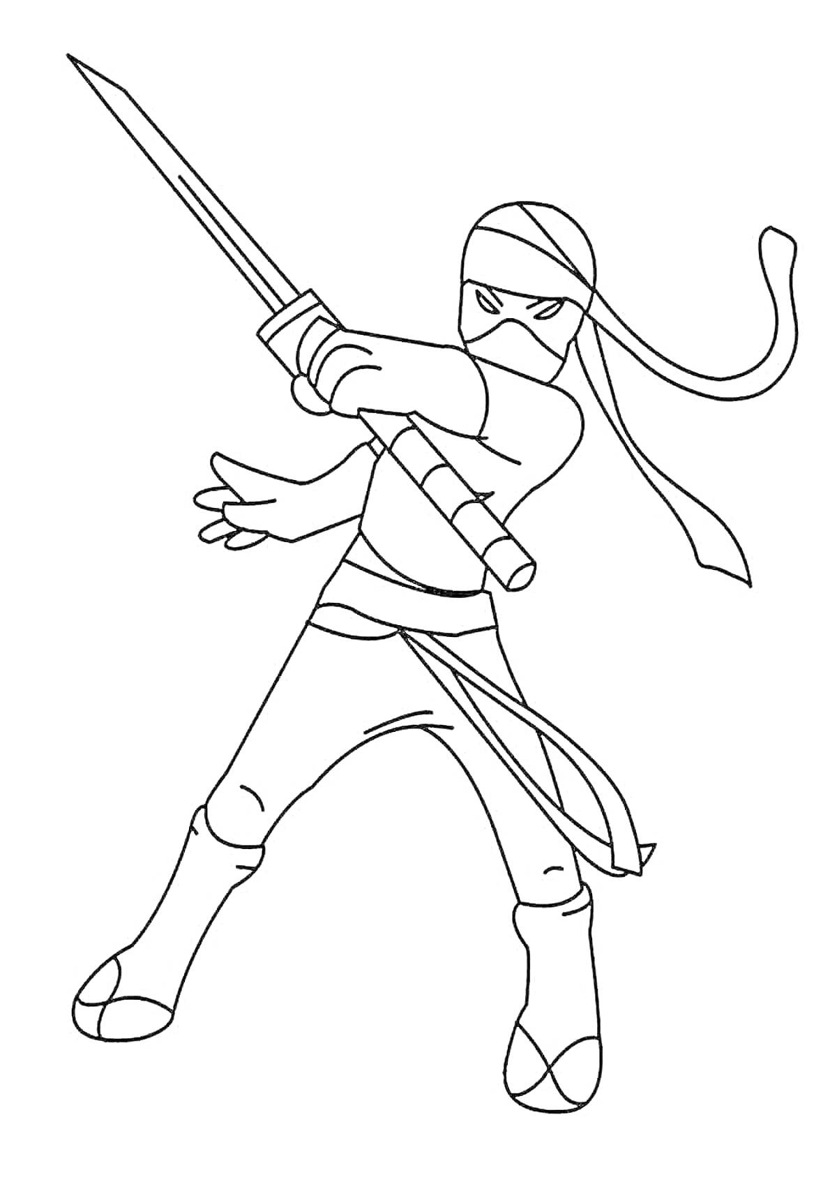 На раскраске изображено: Ниндзя, Меч, Повязка на голове, Боевое искусство, Воин