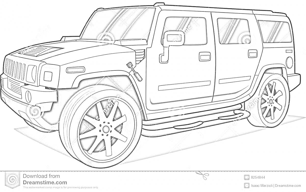 На раскраске изображено: Хаммер, Внедорожник, Колёса, Окна, Фары, Капот