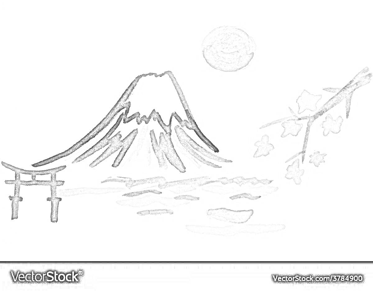 На раскраске изображено: Гора Фудзи, Арка, Сакура, Цветение, Солнце, Восток, Япония, Традиции