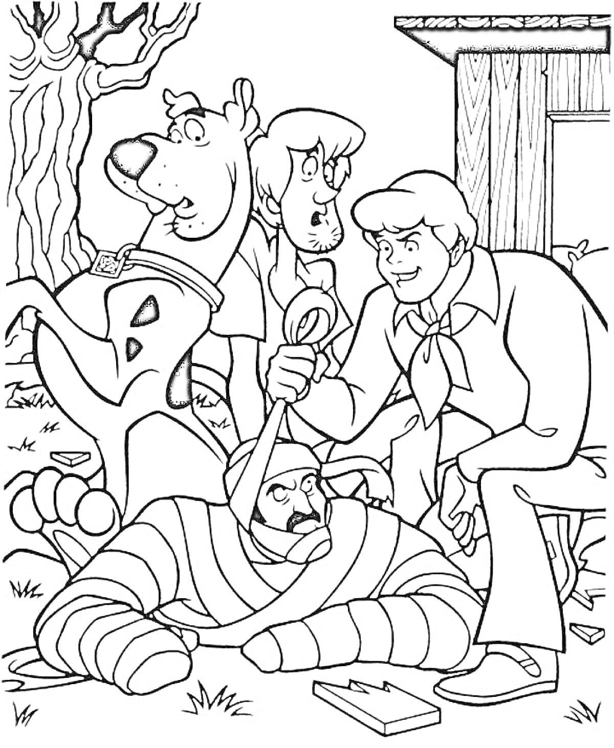 Раскраска Скуби Ду и его друзья раскрывают очередное дело, в процессе захвата мумии