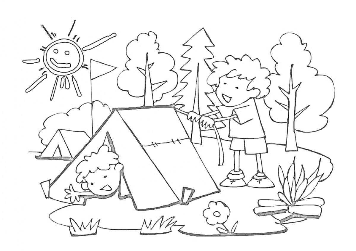 Раскраска Дети в лесу, устанавливающие палатки на поляне с солнечной погодой