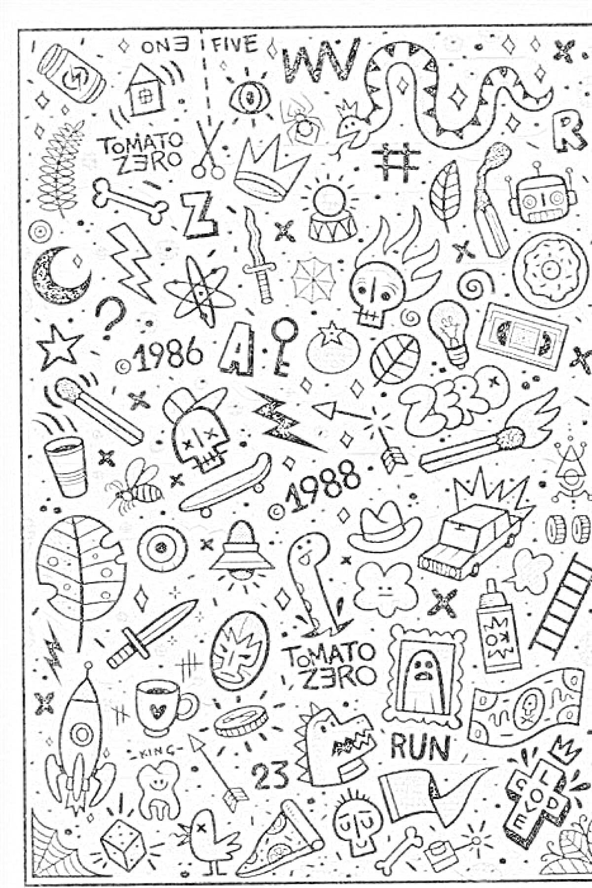 Раскраска Стикербук с разнообразными элементами: змея, робот, черепа, короны, летающие тарелки, ножи, ракета, молнии, чашка кофе, бегущий персонаж, ключ, буквы и цифры (1986, 1988), звезды, персик, сердце с крыльями, котелок, коронарный зубец, глаз, еда (пицца и на