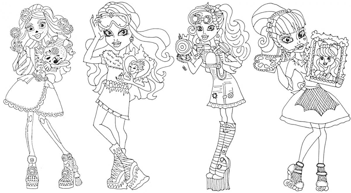 На раскраске изображено: Игрушки, Обувь на платформе, Длинные волосы, Монстр, Девочка, Кукла