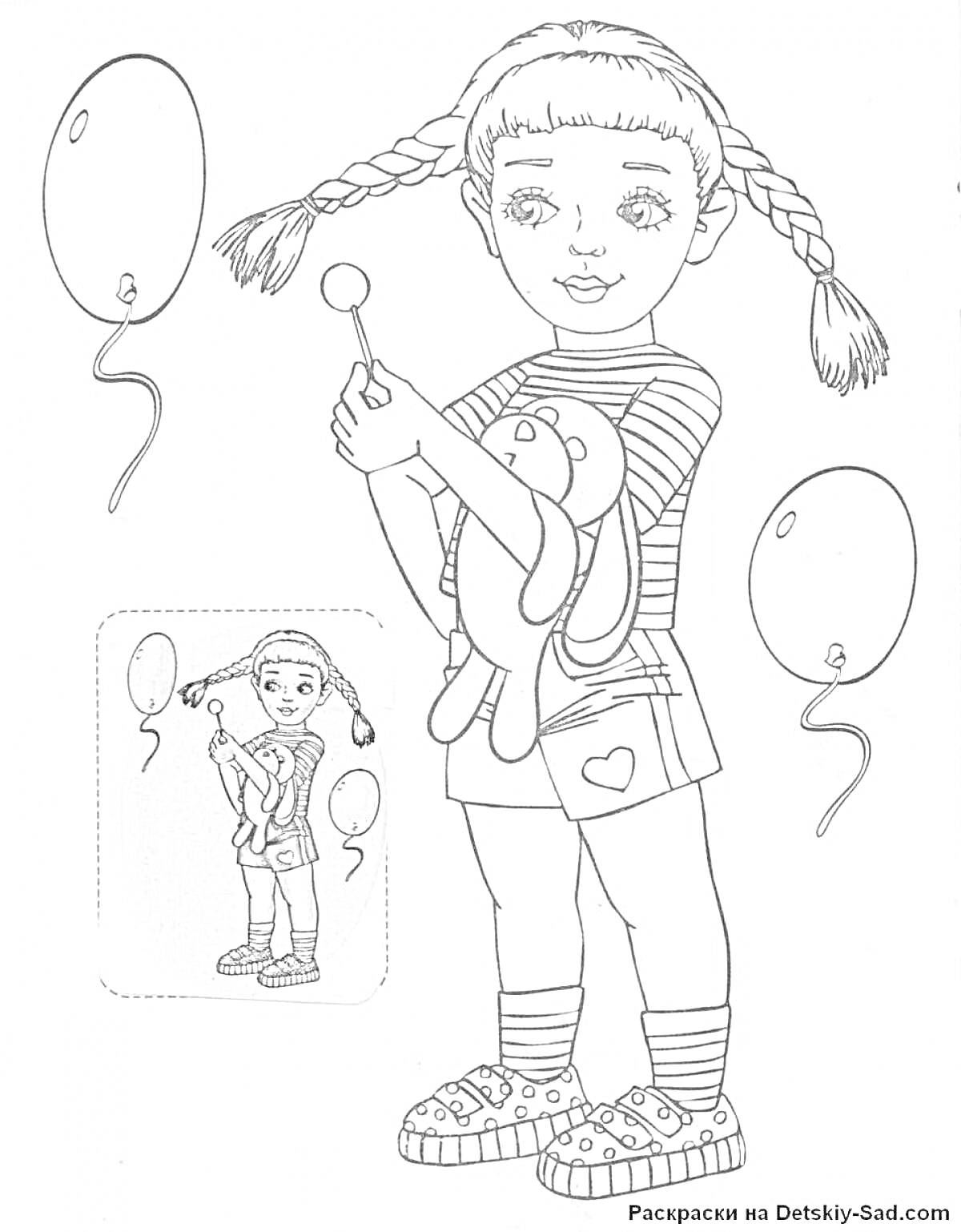 На раскраске изображено: Девочка, Плюшевый заяц, Косички, Шорты, Кроссовки, Полосатая футболка