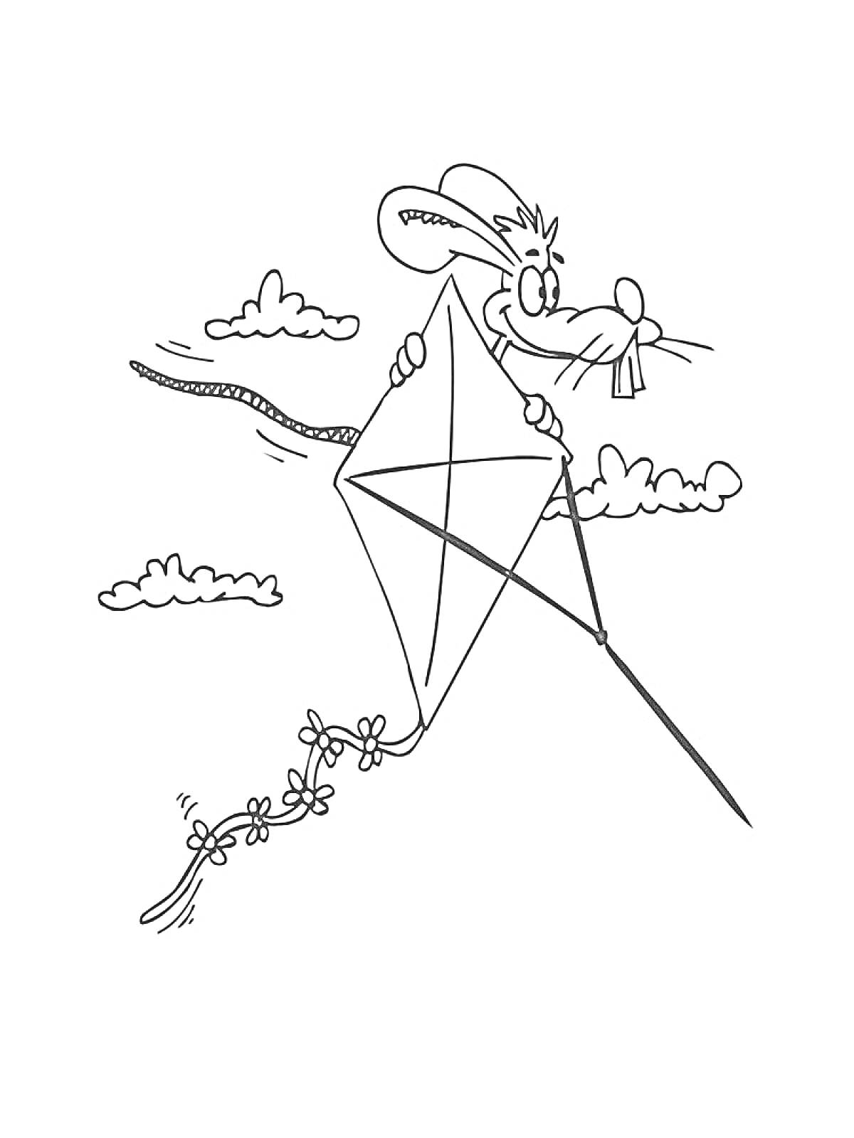 На раскраске изображено: Воздушный змей, Облака, Небо, Полет, Природа, Для детей, Игрушки, Мышь