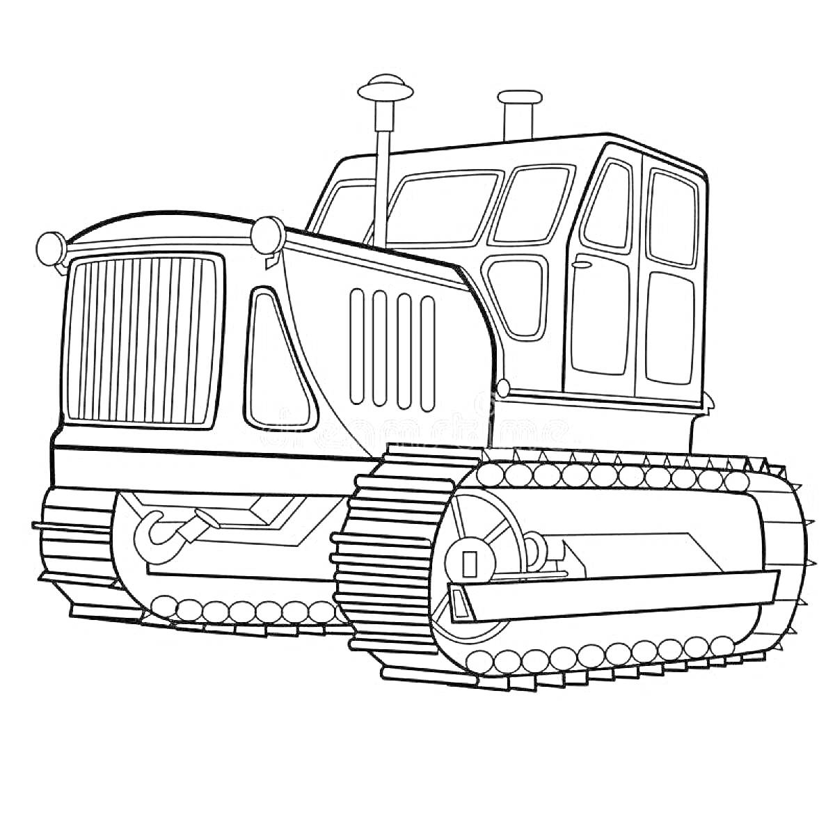 На раскраске изображено: Трактор, Гусеничный, Сельскохозяйственная техника, Транспорт, Гусеницы