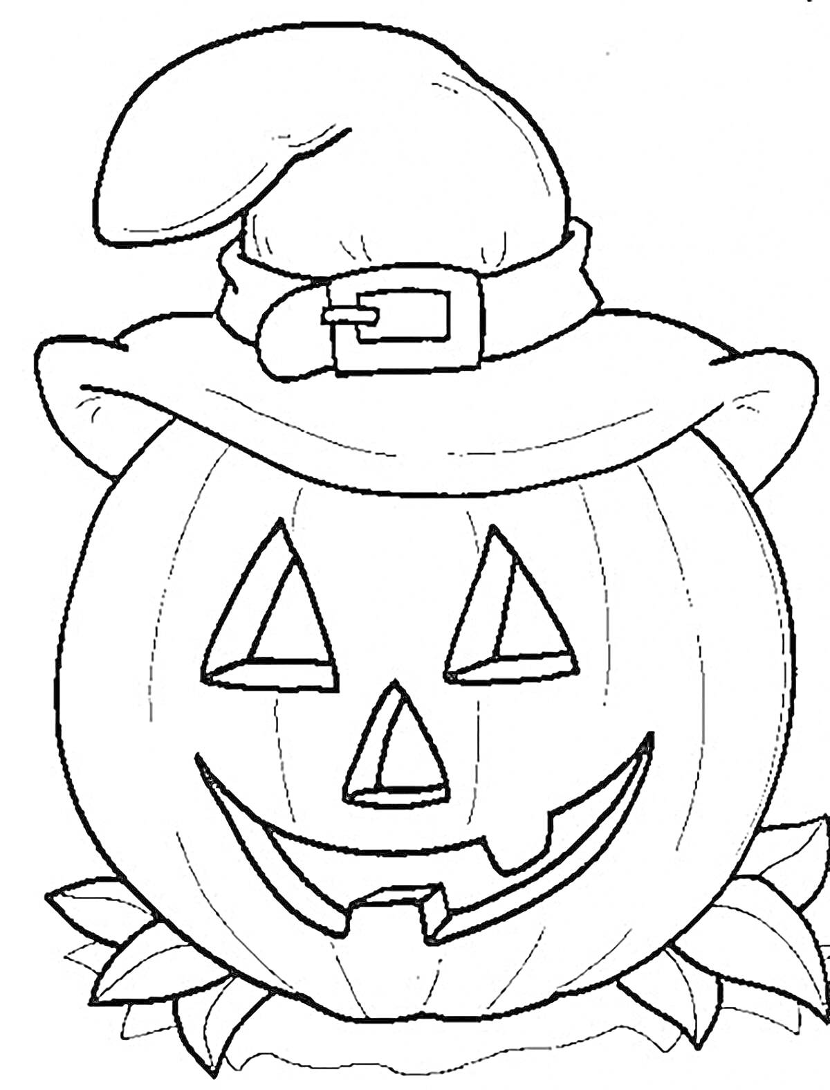 Раскраска Тыква в шляпе ведьмы с вырезанным лицом и листьями внизу