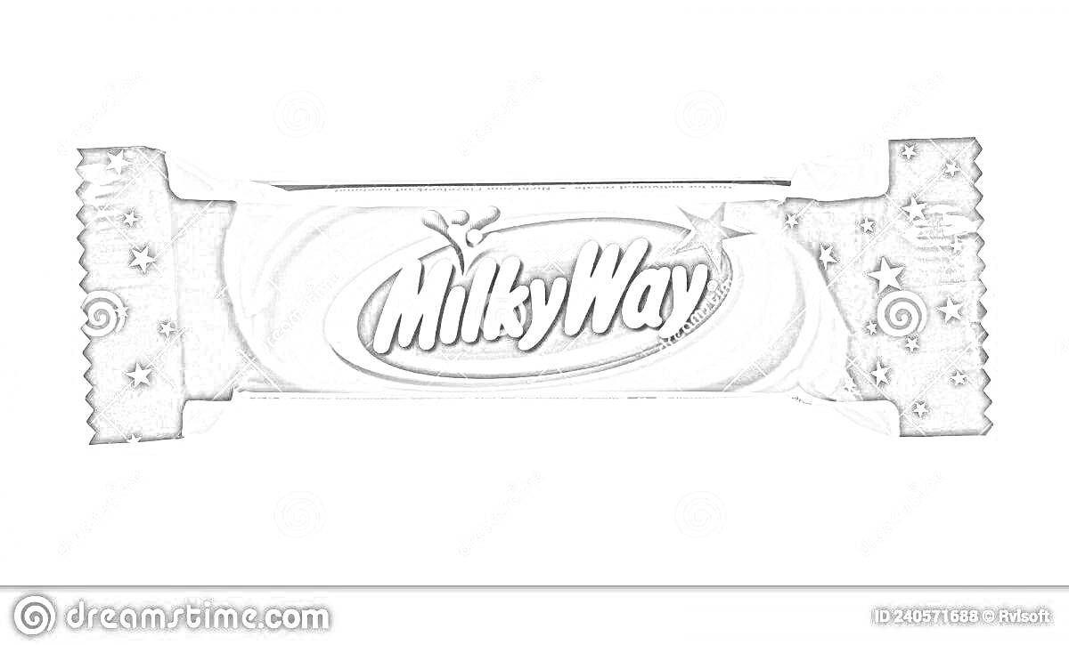 Раскраска Шоколадный батончик Milky Way с логотипом и звездочками на обертке