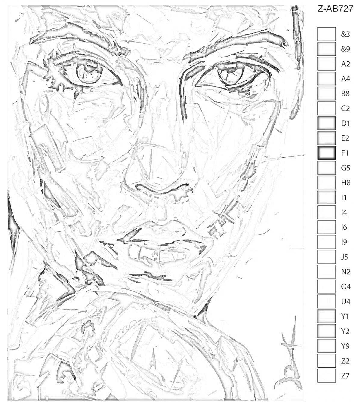 Раскраска Портрет по номерам крупным планом с оттенками серого и черного, на котором изображено лицо человека с акцентом на глаза, нос и губы; представлен справочник с номерами оттенков.