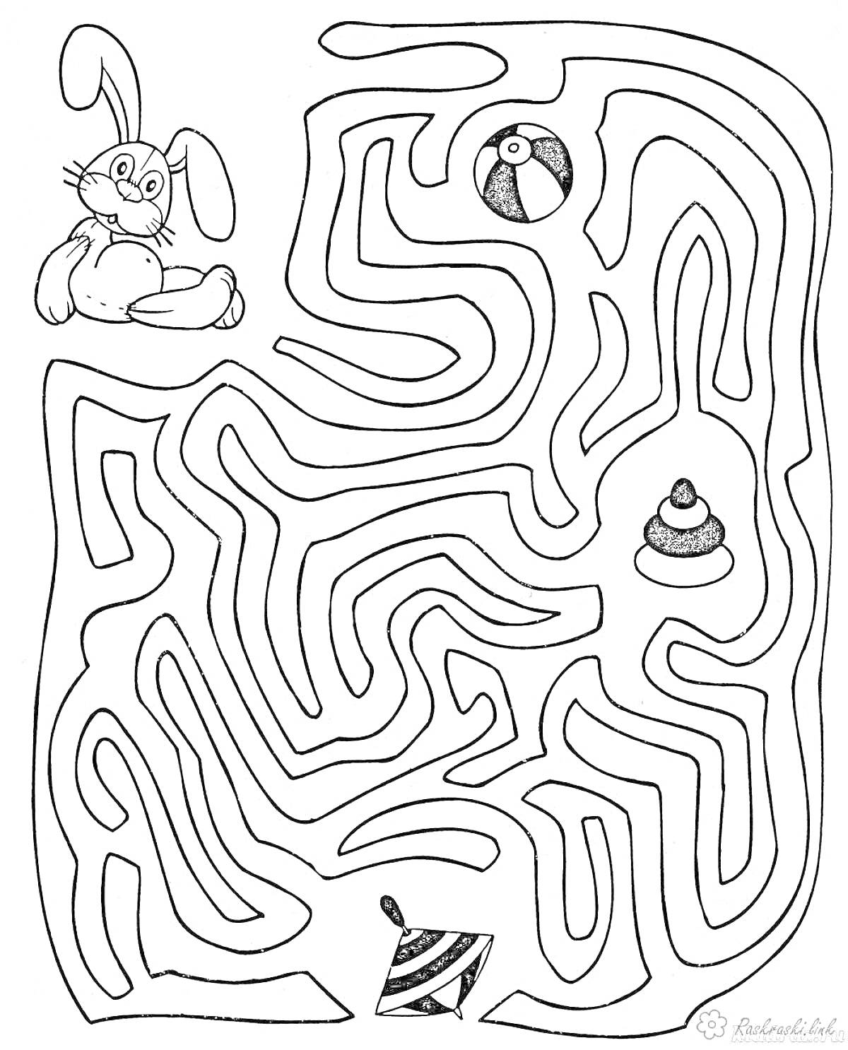 На раскраске изображено: Лабиринт, Заяц, Волчок, Игра, Головоломка, Для детей, Мячи
