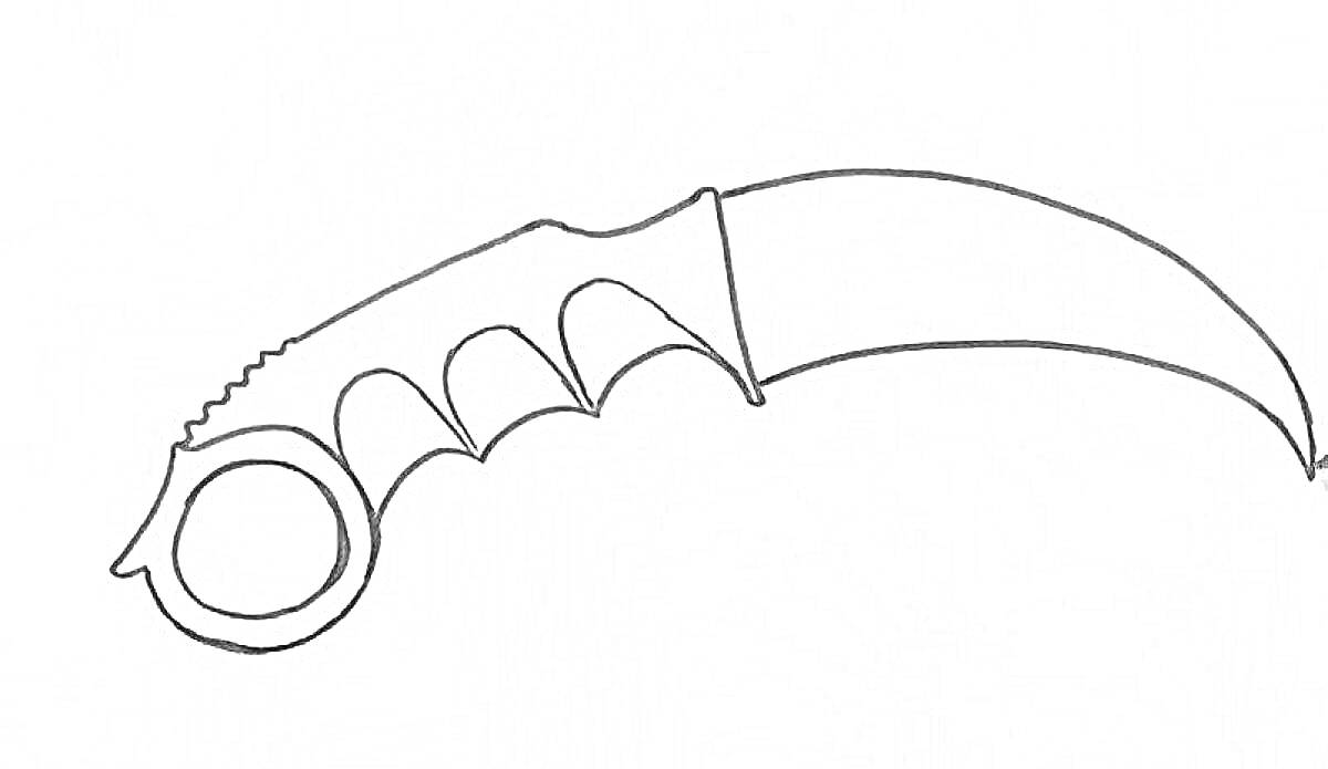 Раскраска Контур ножа-керамбита с рукоятью с четырьмя углублениями для пальцев и кольцом на конце.