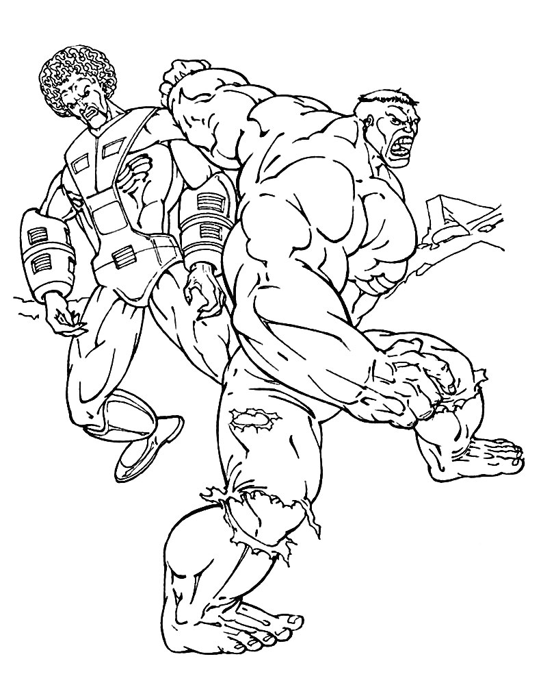 Раскраска Халк в бою с человеком в длинных сапогах и костюме с перчатками