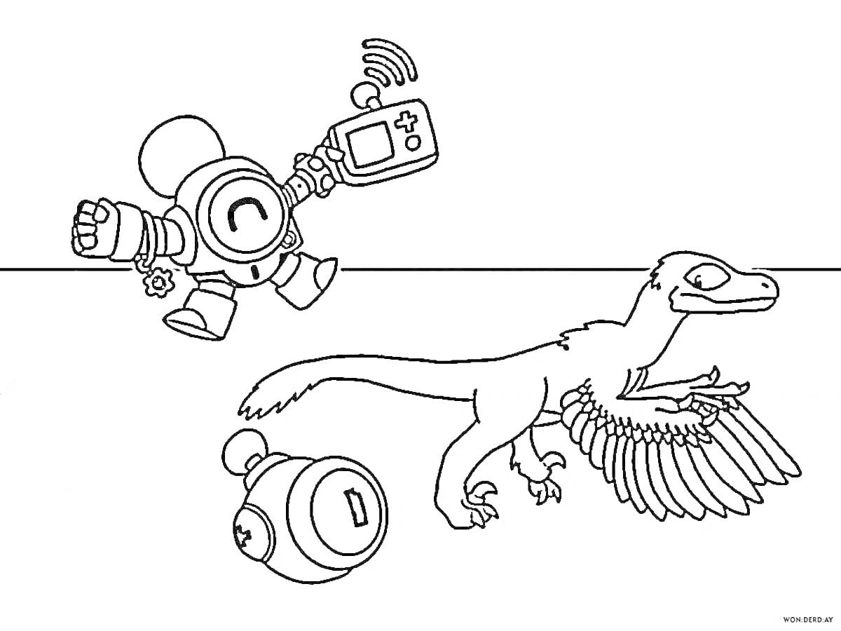 На раскраске изображено: Робот, Джойстик, Динозавр, Крылья