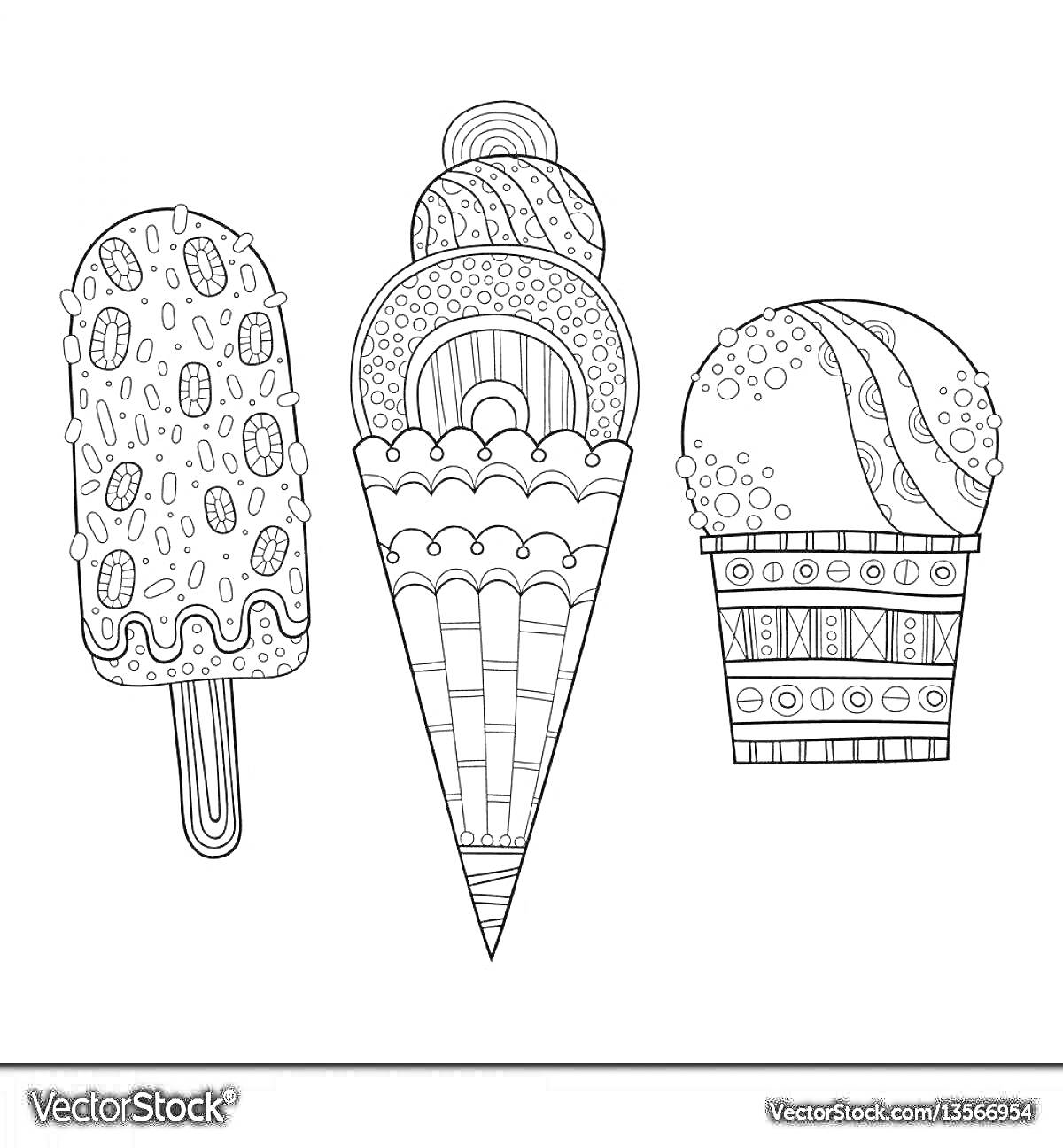Раскраска Антистресс раскраска с мороженым на палочке, рожком и шариком в вазочке