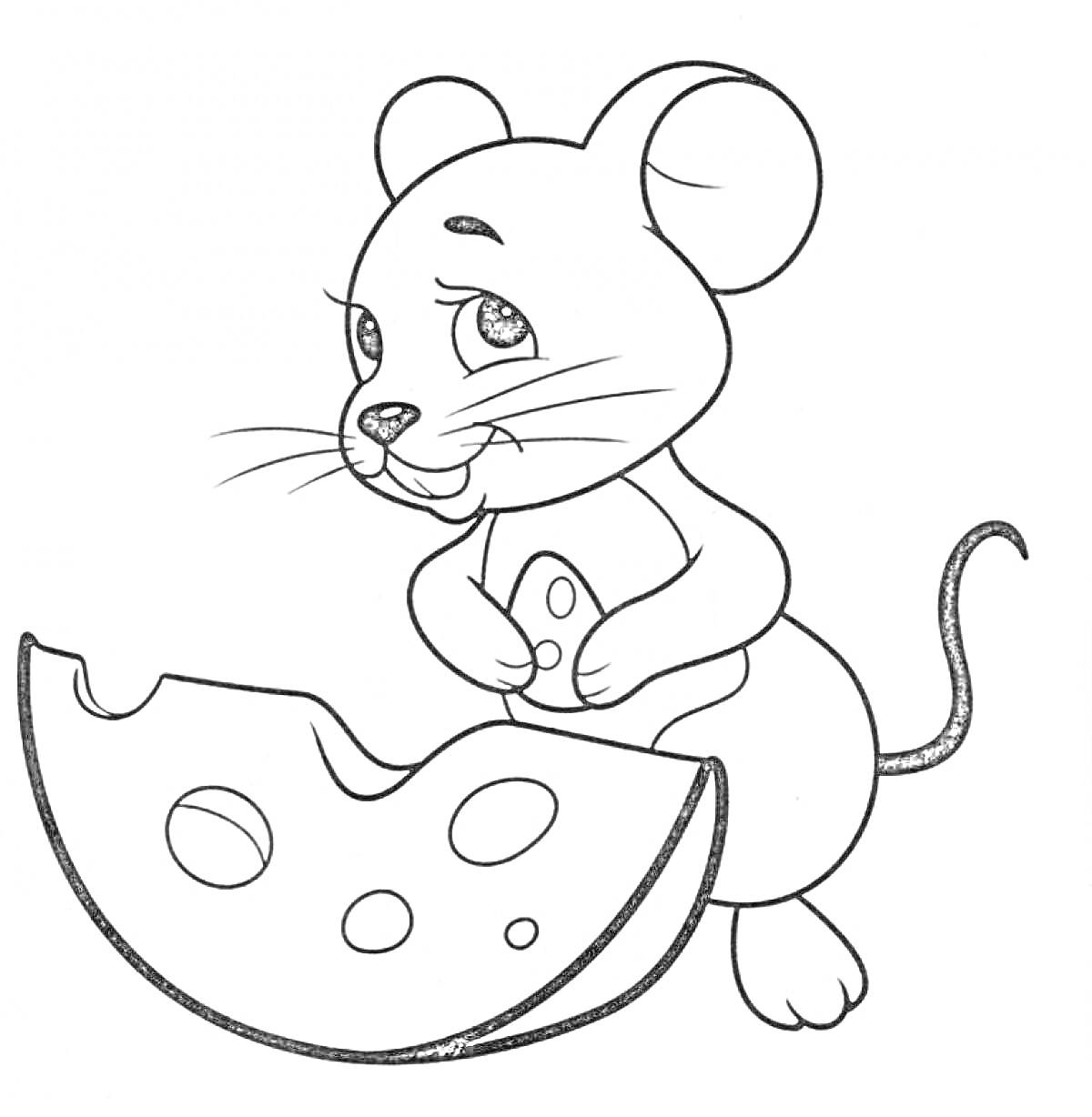 На раскраске изображено: Сыр, Животные, Забавный персонаж, Мультипликационный стиль, Мышь
