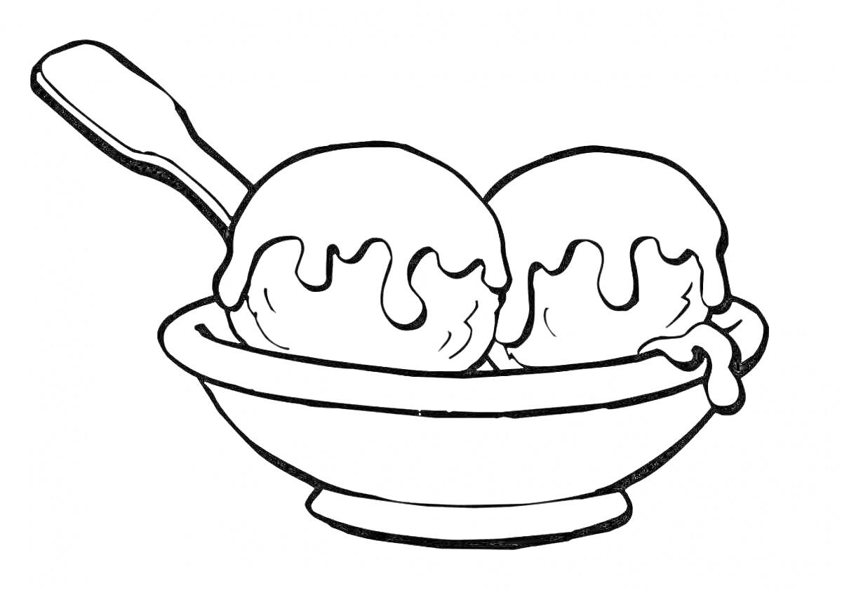 Раскраска Две порции мороженого с сиропом в миске с ложкой