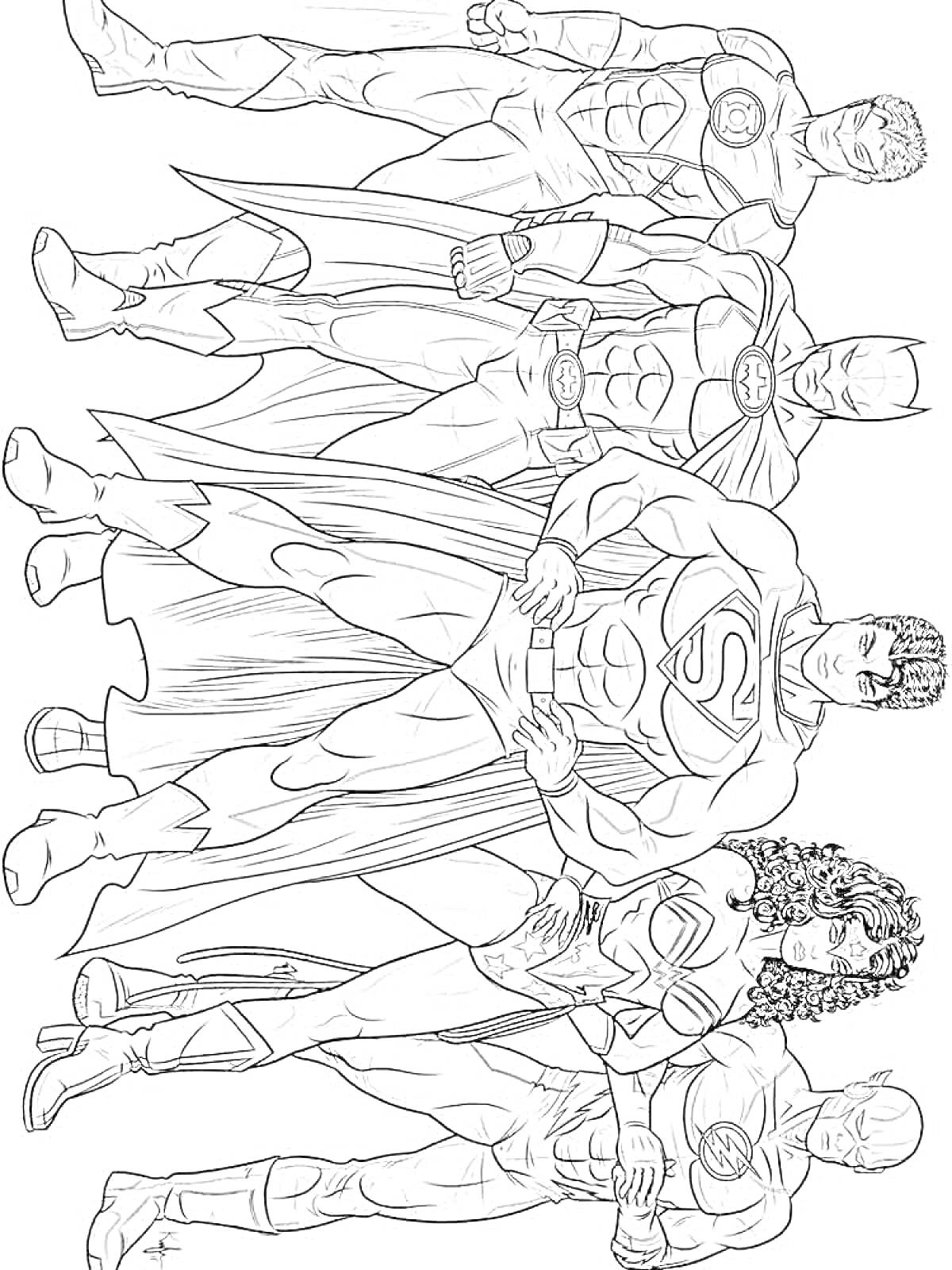 На раскраске изображено: Лига Справедливости, Супермен, Бэтмен, Чудо-женщина, Зелёный Фонарь, Флэш, Супергерои, Комиксы, DC Comics