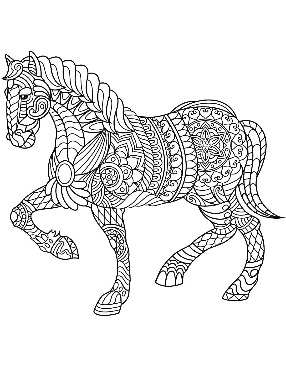 На раскраске изображено: Лошадь, Узоры, Цветочные мотивы, Геометрические формы, Абстрактное искусство