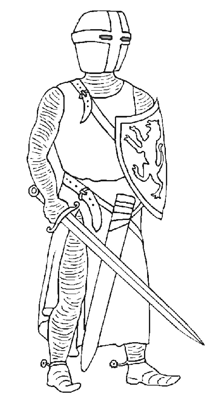 Раскраска Рыцарь в доспехах с мечом и щитом с изображением льва