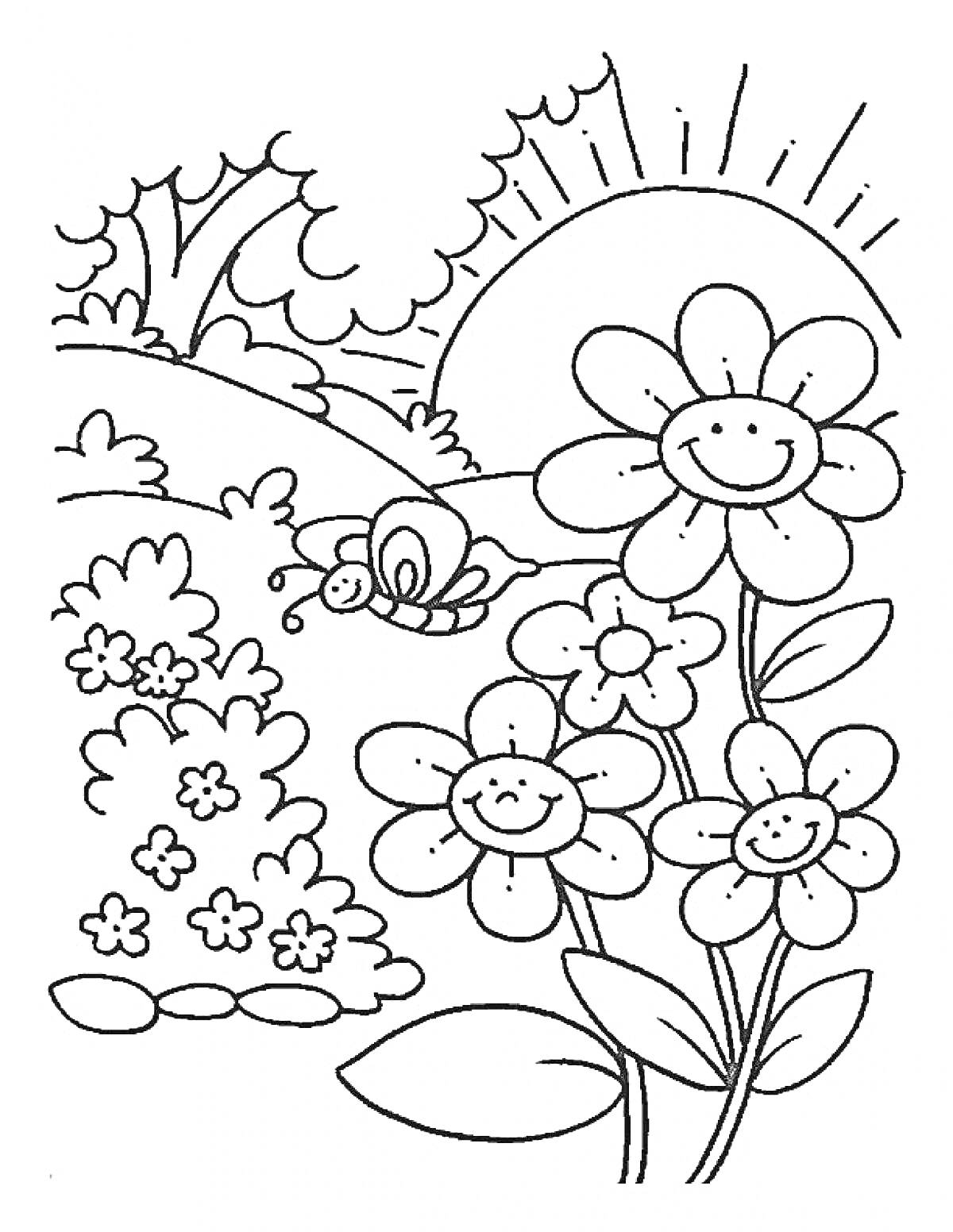 На раскраске изображено: Лето, Солнце, Цветы, Бабочка, Поляна, Природа, Кусты