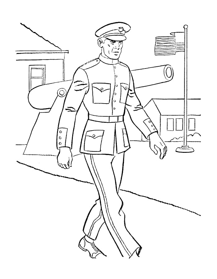 Шагающий солдат в униформе возле орудия, флагшток с флагом, здания на заднем плане