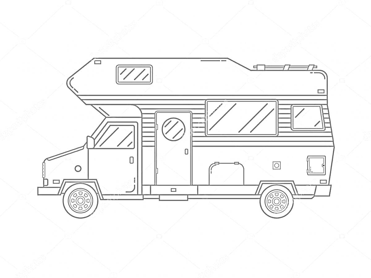 На раскраске изображено: Автодом, Дом на колесах, Окна, Дверь, Лестница, Колёса, Путешествия, Кемпер, Отдых