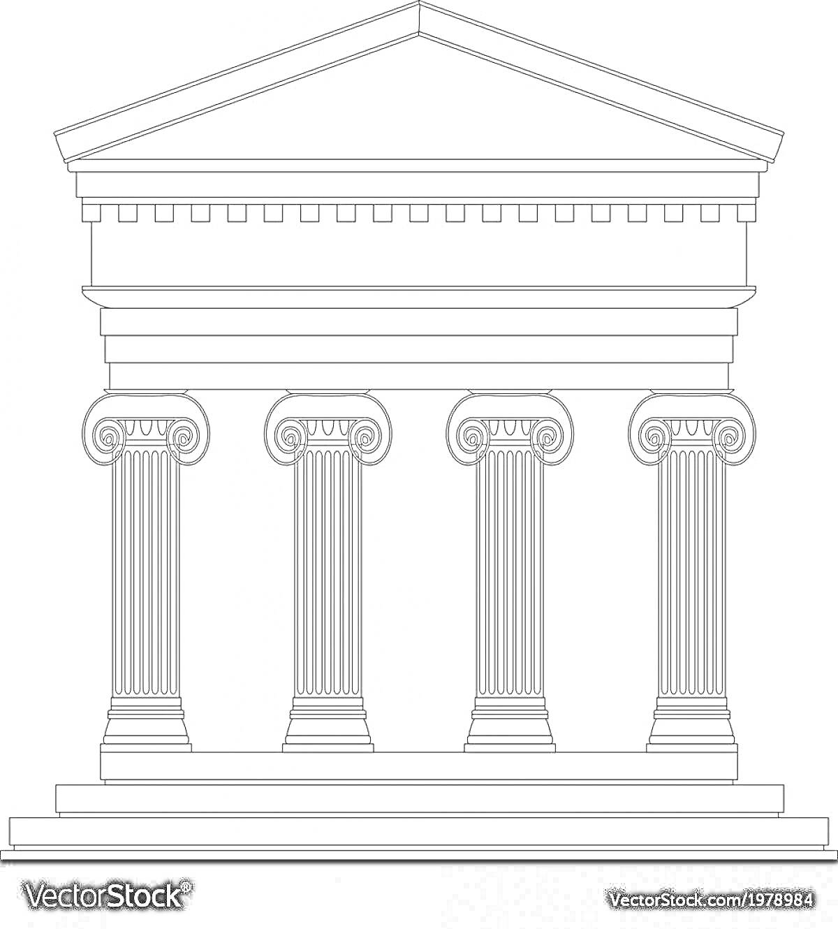 Раскраска Древнегреческий храм с фронтоном, орнаментом, четырьмя колоннами и ступенями