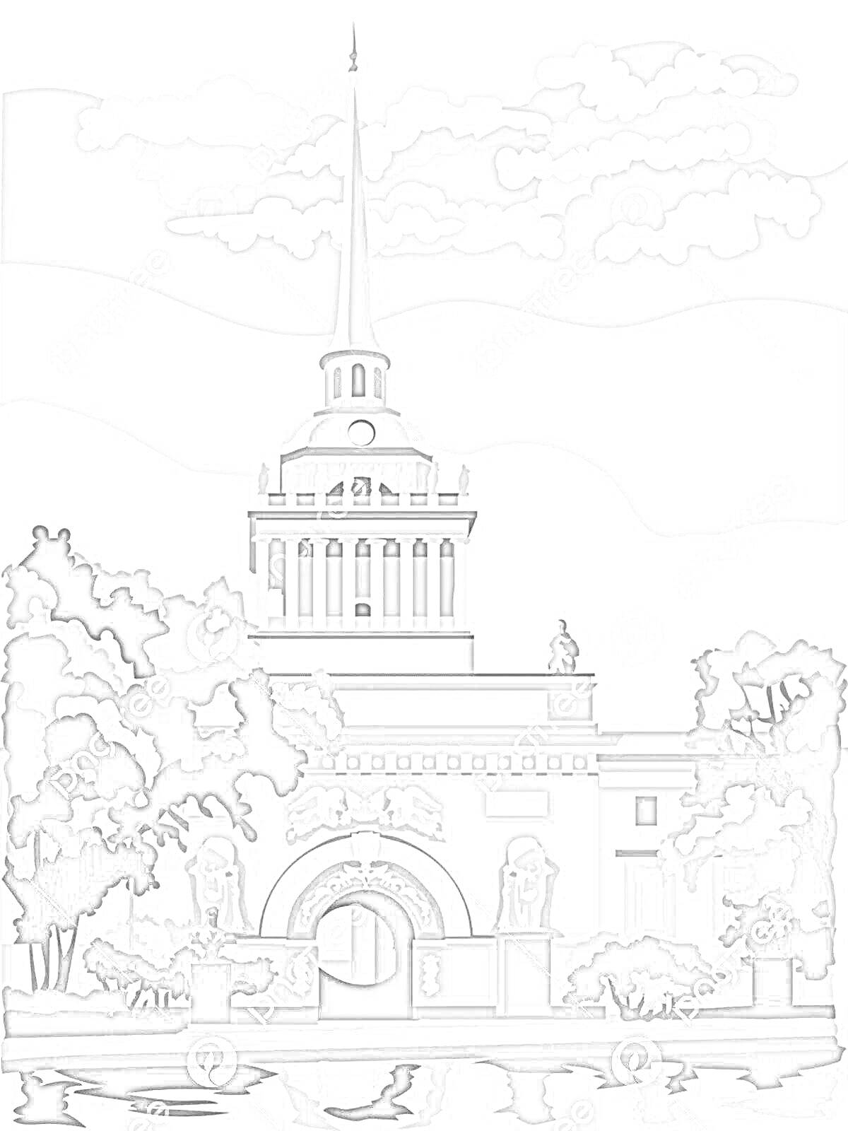 Раскраска Адмиралтейство с башней и аркой