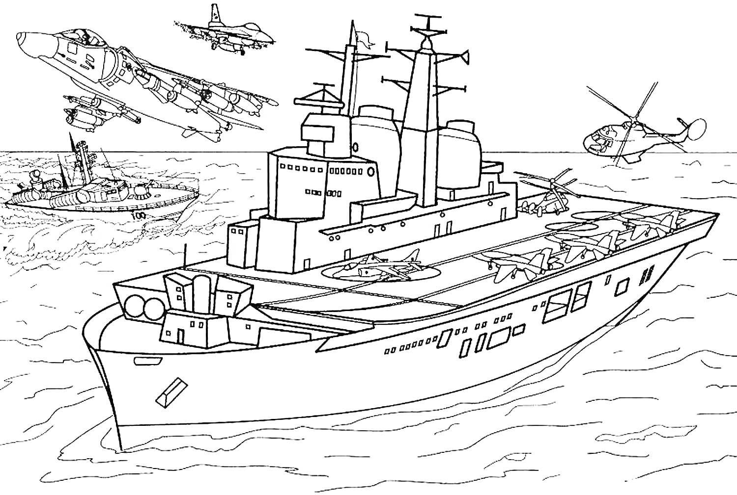 На раскраске изображено: Авианосец, Военные самолеты, Вертолет, Море, Военный транспорт