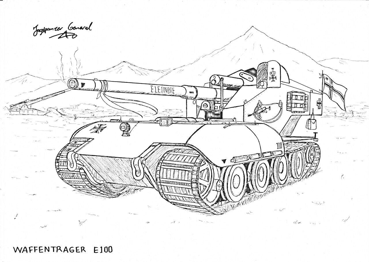 Раскраска Ваффентрагер E100 - танк с орудием, изображен на фоне гор.