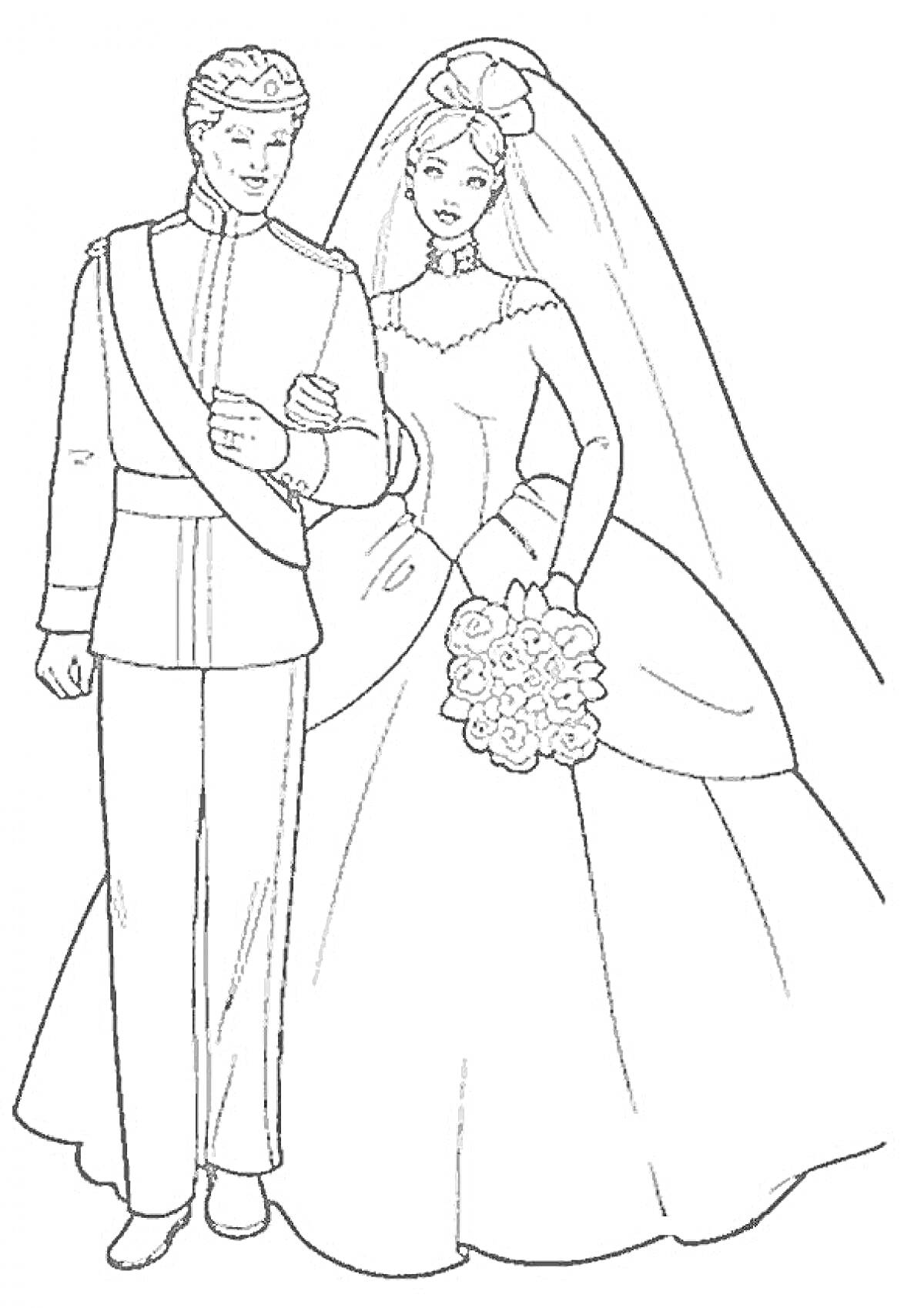 Принц и принцесса на свадьбе, принц в форме с эполетом, принцесса в свадебном платье с букетом цветов