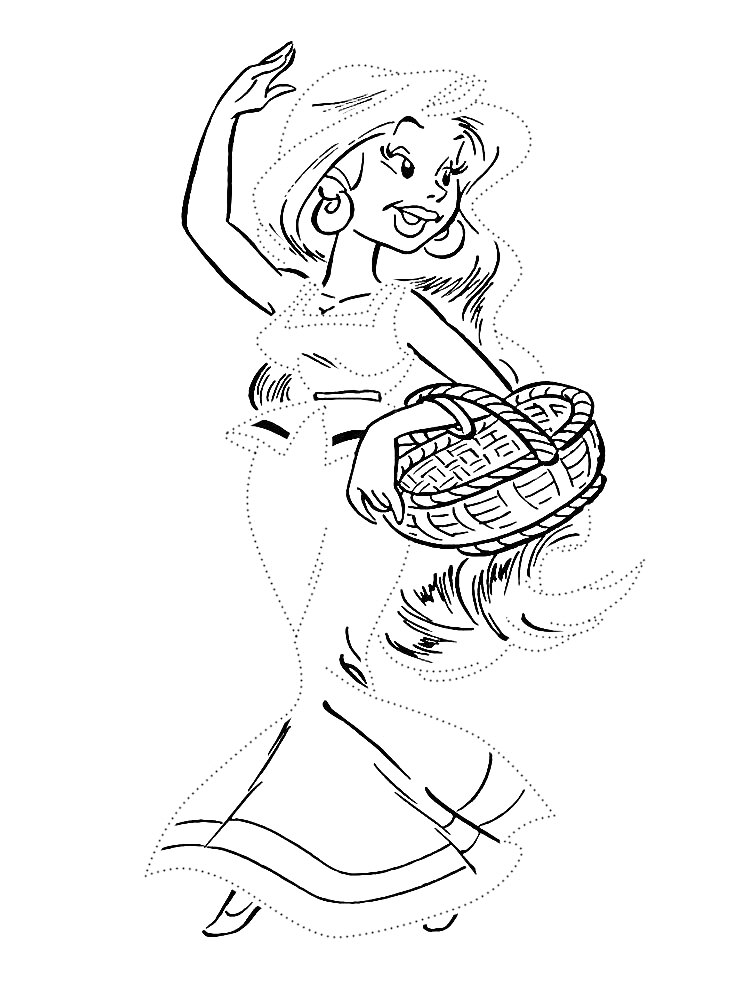 Раскраска Девушка с корзиной, персонаж из Астерикса и Обеликса, длинные волосы, платье, серьги