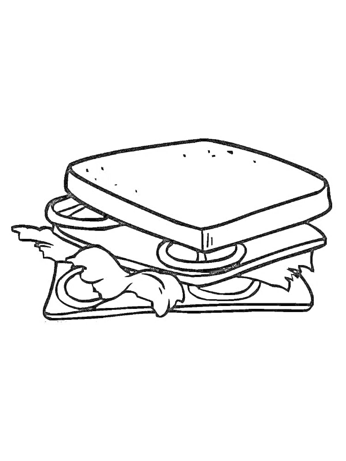 На раскраске изображено: Сэндвич, Хлеб, Салат, Сыр, Еда, Бутерброд