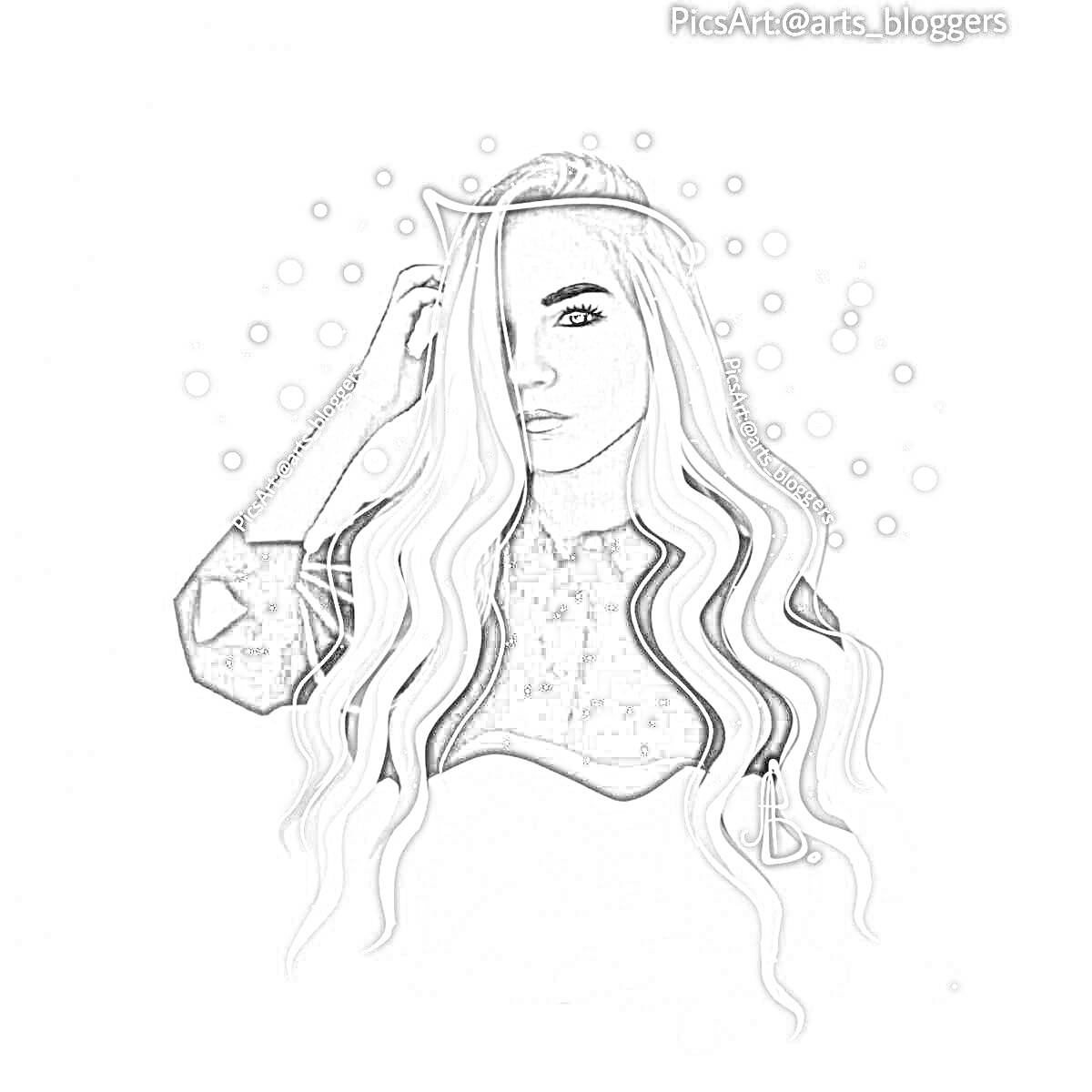 Раскраска Девушка с длинными волнистыми волосами на сером фоне, светящиеся точки вокруг головы