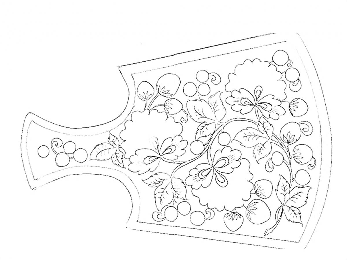 Раскраска Флоральная роспись на разделочной доске с цветами, листьями и ягодами