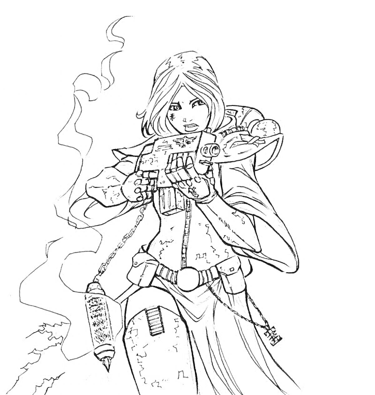 Раскраска Женщина в доспехах и плаще с пистолетом и дымом