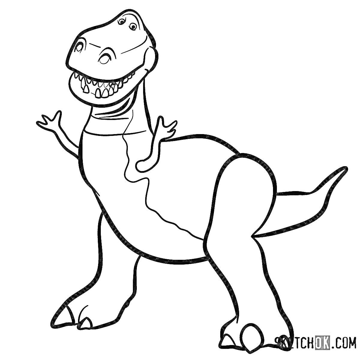 Раскраска Динозавр на задних лапах с широкой улыбкой