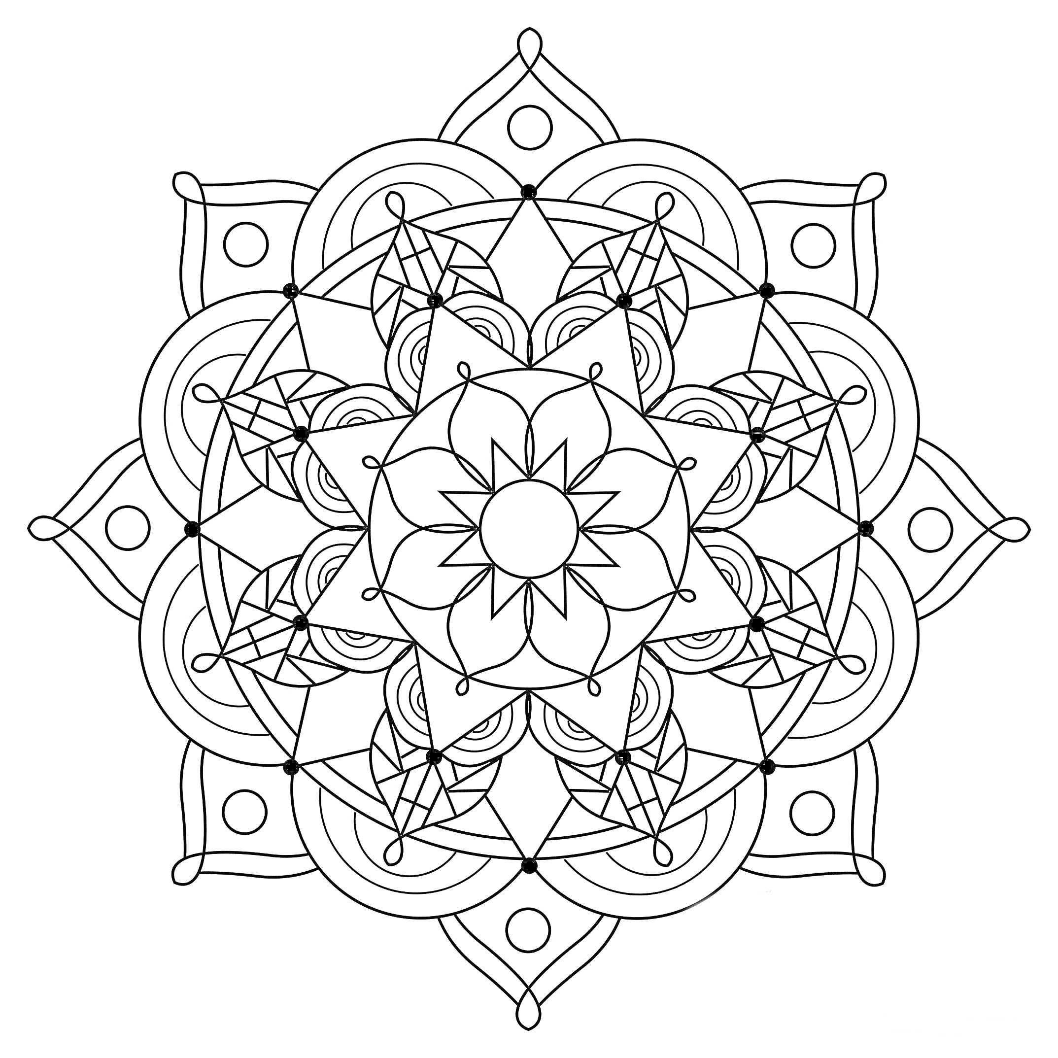 Раскраска Мандала с цветками и геометрическими узорами