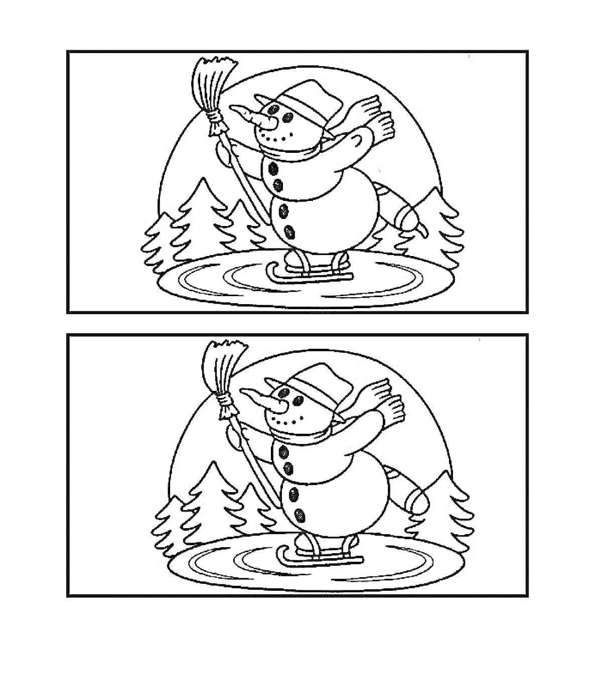На раскраске изображено: Снежный человек, Метла, Шляпа, Коньки, Деревья, Ночь, Зимний пейзаж, Для детей