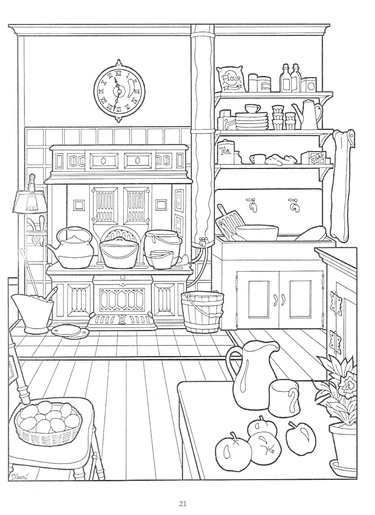 Раскраска Кухня в кукольном домике с печью, кастрюлями, стулом с плетеной корзиной, столом с кувшином и фруктами, полками с посудой и продуктами, ведром, шваброй и цветком